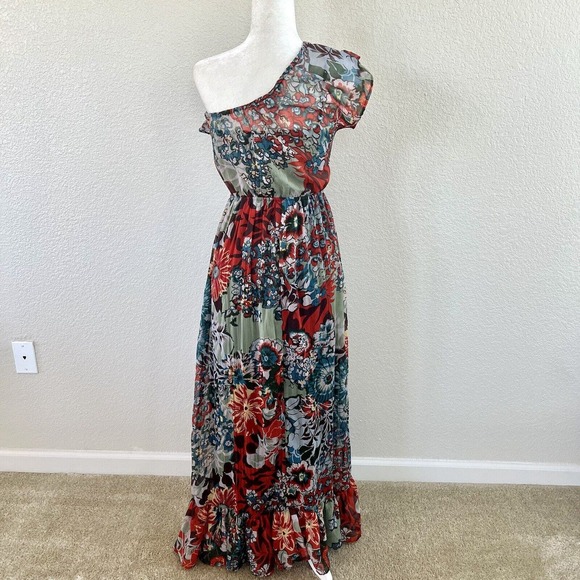 American Rag Cie Sz Small Maxi Dress One Sleeve Red Blue Floral Paisley Layered - Picture 7 of 14